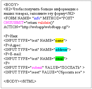 Подпись: <BODY>
<H2>Чтобы получить больше информации о наших товарах, заполните эту форму</H2>
<FORM NAME= "info" METHOD="POST" ONSUBMIT="return validate()" 
ACTION="http://webapp/webdbapp.cgi">

<P>Имя:
<INPUT TYPE="text" NAME="name">
<P>Адрес:
<INPUT TYPE="text" NAME="address">
<P>E-mail:
<INPUT TYPE="text" NAME="email">
<P>
<INPUT TYPE="submit" VALUE="ПОСЛАТЬ" >
<INPUT TYPE="reset" VALUE="Сбросить все" >

</BODY></HTML>
