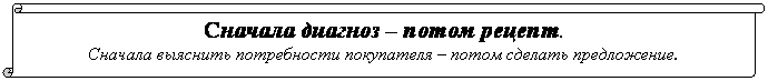 Вертикальный свиток: Сначала диагноз – потом рецепт.
Сначала выяснить потребности покупателя – потом сделать предложение.
                                                   
