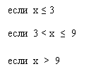 Подпись: если  x ≤ 3

если  3 < x  ≤  9

если  x  >  9
