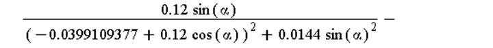 (Typesetting:-mprintslash)([E(x, y) = Vector[row]([3094.232900*((-0.399109377e-1+.12*cos(alpha))/((-0.399109377e-1+.12*cos(alpha))^2+0.144e-1*sin(alpha)^2)-(-.3608033479+.12*cos(alpha))/((-.3608033479...