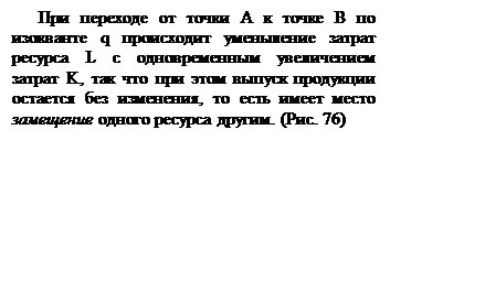 Подпись: При переходе от точки А к точке В по изокванте q происходит уменьшение затрат ресурса L с одновременным увеличением затрат K, так что при этом выпуск продукции остается без изменения, то есть имеет место замещение одного ресурса другим. (Рис. 76)

