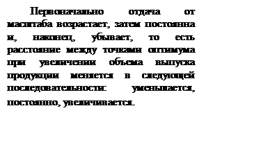 Подпись: Первоначально отдача от масштаба возрастает, затем постоянна и, наконец, убывает, то есть расстояние между точками оптимума при увеличении объема выпуска продукции меняется в следующей последовательности: уменьшается, постоянно, увеличивается.