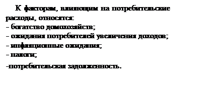 Подпись: К факторам, влияющим на потребительские расходы, относятся:
- богатство домохозяйств;
- ожидания потребителей увеличения доходов;
- инфляционные ожидания;
- налоги;
-потребительская задолженность.
