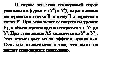 Подпись: В случае же если совокупный спрос уменьшится (сдвиг из Уd1 в Уd), то равновесие не вернется из точки Е1 в точку Е, а перейдет в точку Е'. При этом цены останутся на уровне Р1, а объем производства сократится с У1 до У'. При этом линия AS сдвинется из Уs в Уs1. Это происходит из-за эффекта храповика. Суть его заключается в том, что цены не имеют тенденции к снижению. 


