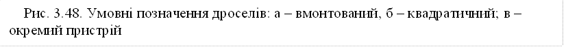     Рис. 3.48. Умовні позначення дроселів: а – вмонтований, б – квадратичний; в – окремий пристрій