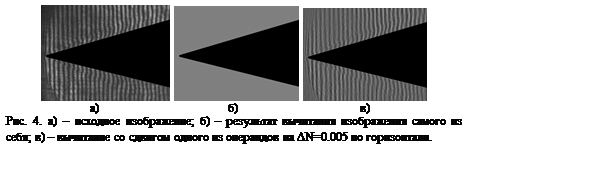 Подпись:      
а)			           б)			        в)
Рис. 4. а) – исходное изображение; б) – результат вычитания изображения самого из себя; в) – вычитание со сдвигом одного из операндов на ΔN=0.005 по горизонтали.
