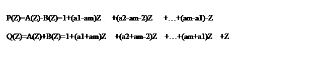 Подпись: P(Z)=A(Z)-B(Z)=1+(a1-am)Z    +(a2-am-2)Z     +…+(am-a1)-Z  

Q(Z)=A(Z)+B(Z)=1+(a1+am)Z   +(a2+am-2)Z   +…+(am+a1)Z   +Z
