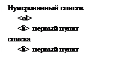 Надпись: Нумерованный список
     <ol>
     <li> первый пункт списка
     <li> первый пункт списка
     </ol> 
