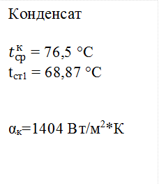 Конденсат

t_ср^к = 76,5 °С
tст1 = 68,87 °C


αк=1404 Вт/м2*К

