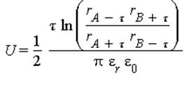 U = 1/2*tau*ln(r[A-tau]*r[B+tau]/(r[A+tau]*r[B-tau]))/(Pi*epsilon[r]*epsilon[0])