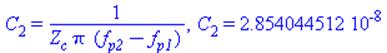 C[2] = 1/(Z[c]*Pi*(f[p2]-f[p1])), C[2] = 0.2854044512e-7