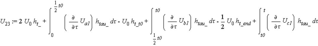 U[23] := 2*U[0]*h[t_]+int((diff(U[a1], tau))*h[tau_], tau = 0 .. 1/2*t0)-U[0]*h[t_t0]+int((diff(U[b1], tau))*h[tau_], tau = 1/2*t0 .. t0)-1/2*U[0]*h[t_end]+int((diff(U[c1], tau))*h[tau_], tau = t0 .. ...