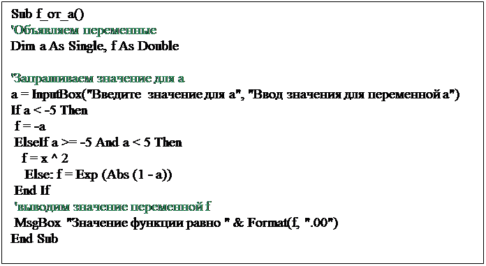 Подпись: Sub f_от_а()
'Объявляем переменные
Dim a As Single, f As Double

'Запрашиваем значение для а
a = InputBox("Введите значение для а", "Ввод значения для переменной а")
If a < -5 Then
 f = -a
 ElseIf a >= -5 And a < 5 Then
   f = x ^ 2
    Else: f = Exp (Abs (1 - a))
 End If
 'выводим значение переменной f
 MsgBox "Значение функции равно " & Format(f, ".00")
End Sub
