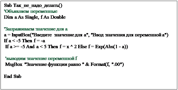 Подпись: Sub Так_не_надо_делать()
'Объявляем переменные
Dim a As Single, f As Double

'Запрашиваем значение для а
a = InputBox("Введите значение для а", "Ввод значения для переменной а")
If a < -5 Then f = -a
 If a >= -5 And a < 5 Then f = x ^ 2 Else f = Exp(Abs(1 - a))
 
 'выводим значение переменной f
 MsgBox "Значение функции равно " & Format(f, ".00")

End Sub
