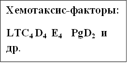 Хемотаксис-факторы:
LTС4 D4  E4    PgD2  и др.

