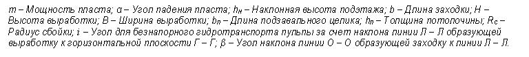 m – Мощность пласта; α – Угол падения пласта; hн – Наклонная высота подэтажа; b – Длина заходки; Н – Высота выработки; В – Ширина выработки; bп – Длина подзавального целика; hп – Толщина потолочины; Rc – Радиус сбойки; i – Угол для безнапорного гидротранспорта пульпы за счет наклона линии Л – Л образующей выработку к горизонтальной плоскости Г – Г; β – Угол наклона линии О – О образующей заходку к линии Л – Л. 



