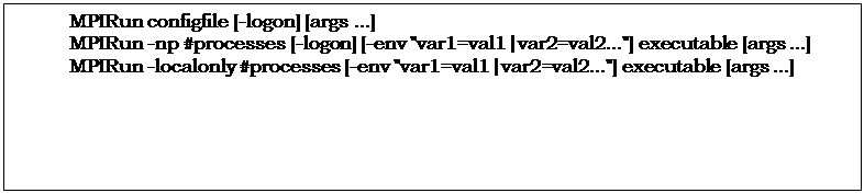 Подпись: MPIRun configfile [-logon] [args ...] 
MPIRun -np #processes [-logon] [-env "var1=val1|var2=val2..."] executable [args ...] 
MPIRun -localonly #processes [-env "var1=val1|var2=val2..."] executable [args ...] 
