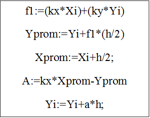 f1:=(kx*Xi)+(ky*Yi)
Yprom:=Yi+f1*(h/2)
Xprom:=Xi+h/2;
A:=kx*Xprom-Yprom
Yi:=Yi+a*h;
