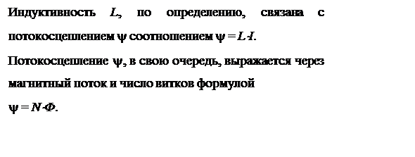 Надпись: Индуктивность L, по определению, связана с потокосцеплением y соотношением y = L×I. 
Потокосцепление y, в свою очередь, выражается через магнитный поток и число витков формулой 
y = N×Ф. 
