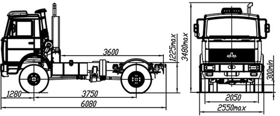 размерная схема шасси 4х4 МАЗ 5434X3-442-000